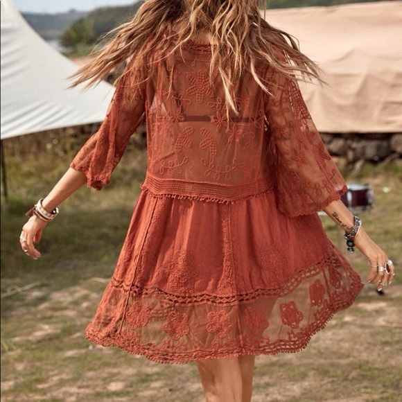 Bohemian Floral Embroidered Beach Cover up Burnt Orange - Picture 2 of 12